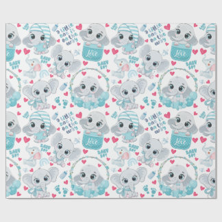 Papel De Presente Baby Boy Elephant Cute Blue Baby Shower Baptism 