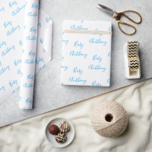Papel De Presente Baby Boy Script Blue Chá Nome Personalizado