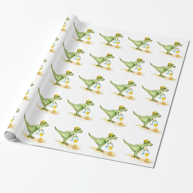 Papel De Presente Baby Dinosaur T-Rex on the Beach (Desenrolado)
