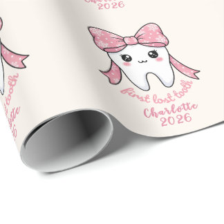 Papel De Presente Baby First Tooth Pink Bow Milestone Kawaii Tooth