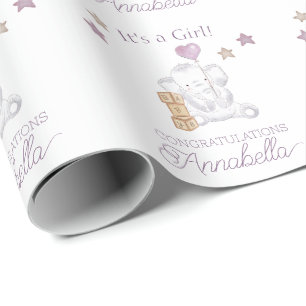 Papel De Presente Baby Girl Elephant e Cute Balloon Watercolor