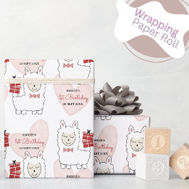 Papel De Presente Baby Girl Lhamas e Corações Rosa