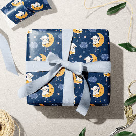 Papel De Presente Baby Lamb on Moon Gender Neutral Blue