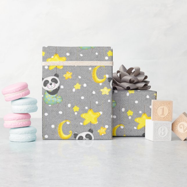 Papel De Presente Baby Panda com Lua e Estrelas (Chá de bebê)