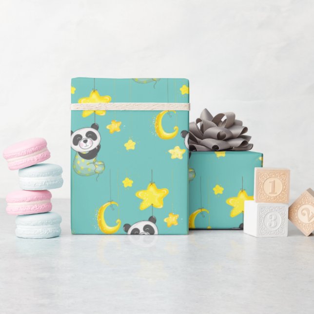 Papel De Presente Baby Panda e Lua e Estrelas (Chá de bebê)
