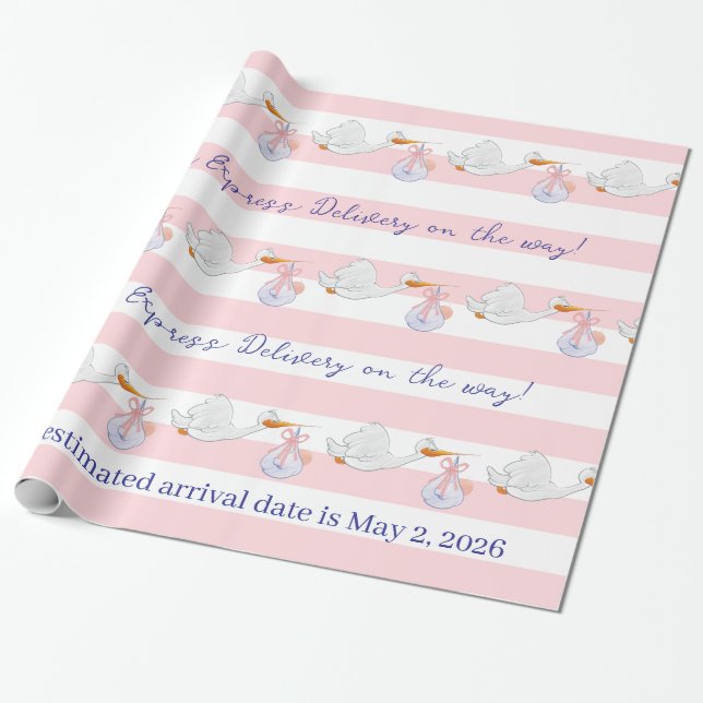 Papel De Presente Baby Stork Wrapping Paper Pink & White Stripe  (Desenrolado)