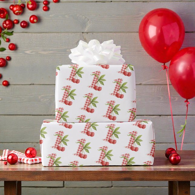 Papel De Presente Baby's Cherry First Red Gingham Birthday (Criador carregado)
