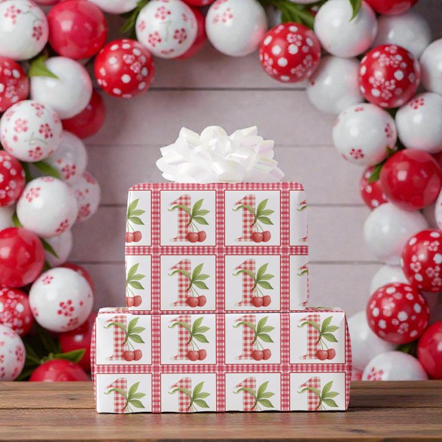 Papel De Presente Baby's Cherry First Red Gingham Birthday (Criador carregado)