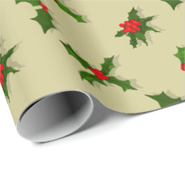 Papel De Presente Bagas do azevinho do feriado do Natal da cor da