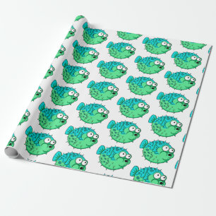 Papel De Presente baiacu azul e verde com olhos grandes