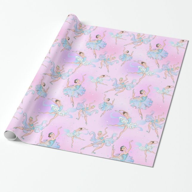 Papel De Presente Bailarinas Dançando com Padrão Rosa Água (Desenrolado)