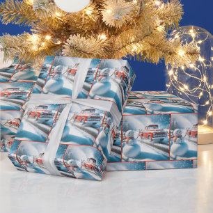 Papel De Presente Balançando Neve com Caminhão Vermelho Retro