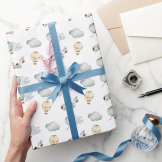 Papel De Presente Balão de Ar Quente Azul de Aquecimento de Aquarela