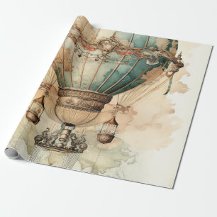 Papel De Presente Balão de Ar Quente Azul Vintage Steampunk (2)
