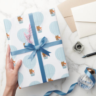 Papel De Presente Balão de Ar Quente Azul Woodland Animal