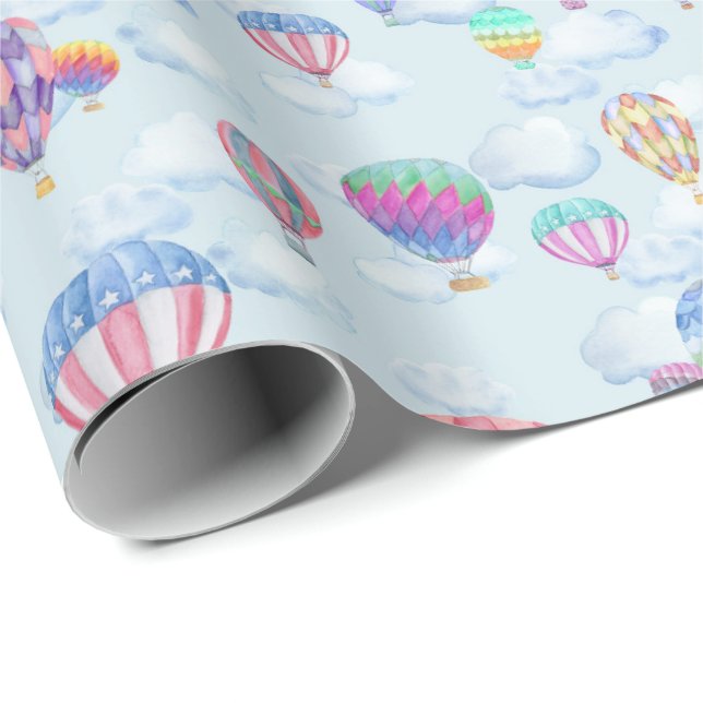 Papel De Presente Balão de ar quente de aquarela no céu (Ponta do rolo)