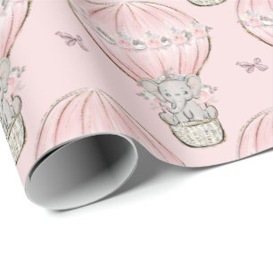 Papel De Presente Balão de ar quente do elefante princesa rosa