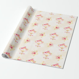 Papel De Presente Balão de Ar Quente Rosa Dourado Amarelo Rosas