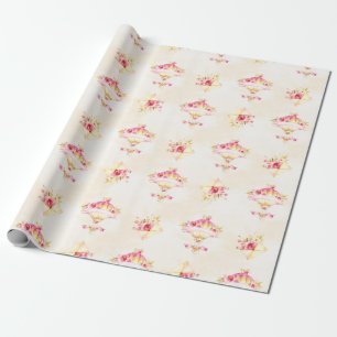 Papel De Presente Balão de Ar Quente Rosa Dourado Amarelo Rosas