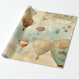 Papel De Presente Balão de Ar Quente Sépia Mapa Antigo
