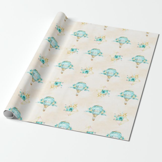 Papel De Presente Balão de Ar Quente Turquesa Rosas Amarelas (Desenrolado)