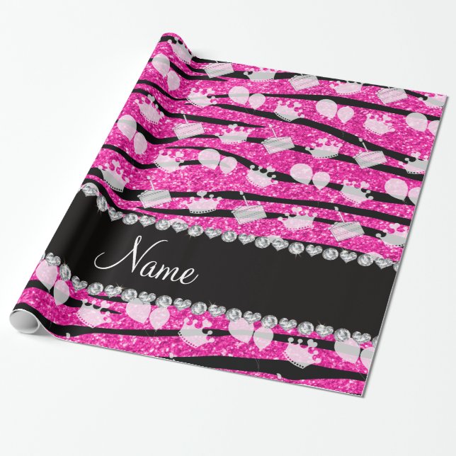Papel De Presente Balão de bolo de aniversário de zebra rosa listras (Desenrolado)