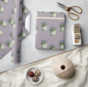 Papel De Presente Balde Verde Flores Lavanda Aniversário