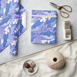 Papel De Presente Baleia-jubarte monocromática azul