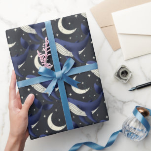Papel De Presente Baleia nas Estrelas com lua em azul escuro