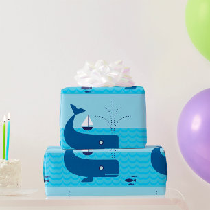 Papel De Presente Baleia Náutica e Barco à Vela Oceano Mar Azul