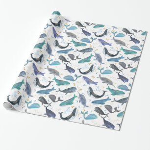 Papel De Presente Baleias de Aquarelas Oceanas Peixes Dourados Azul