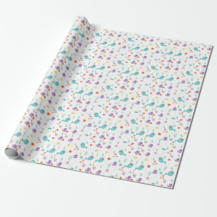Papel De Presente Baleias Peixes Animais do Mar Púrpura Turquesa Ro