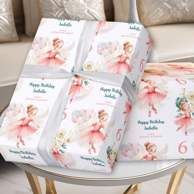 Papel De Presente Ballerina Blona Birthday Pink Nome Personalizado (Ballerina Blond Girl Birthday Pink Custom Name Wrapping Paper)