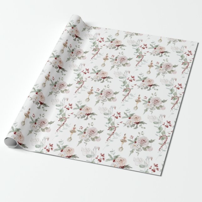 Papel De Presente Ballerina Floral Rosa de Natal e Presente Cisne (Desenrolado)