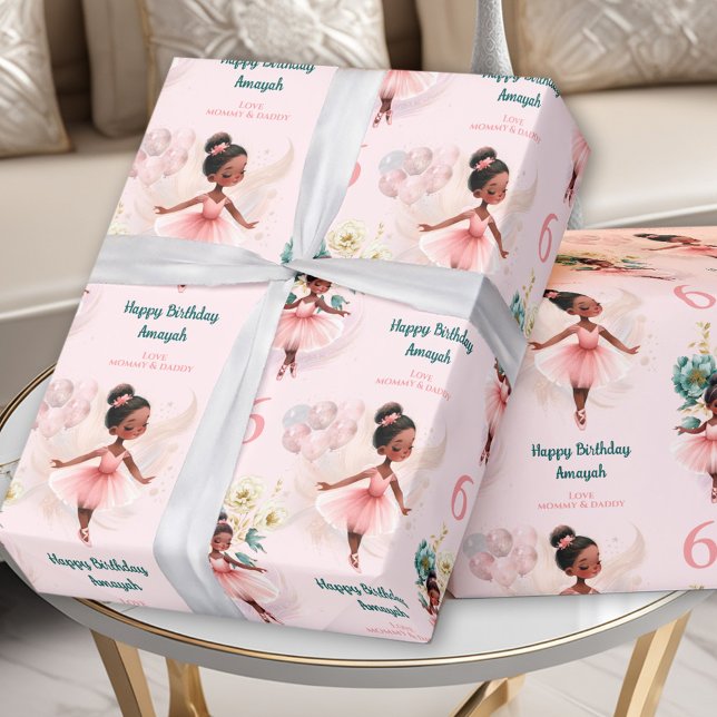 Papel De Presente Ballerina Rosa Birthday Dark Skin Nome Personaliza (Pink Ballerina Girl Birthday Dark Skin Custom Name Wrapping Paper)
