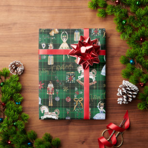 Papel De Presente Ballet do Quebra-Nozes Feliz Natal Xadrez Verde