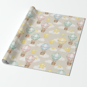 Papel De Presente Baloão de Ar Quente de Urso Teddy Fofo Padrão Neut