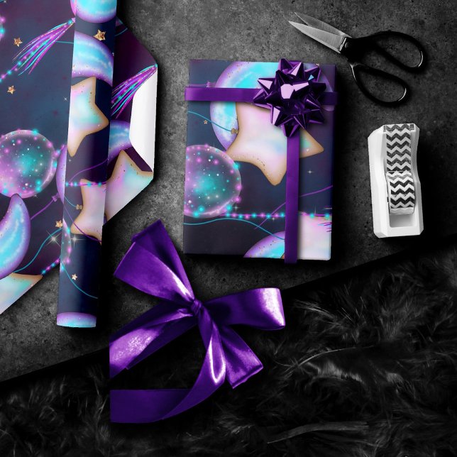 Papel De Presente Balões Cósmicos | Estrelas de Lua Roxa Azul Planet (Criador carregado)