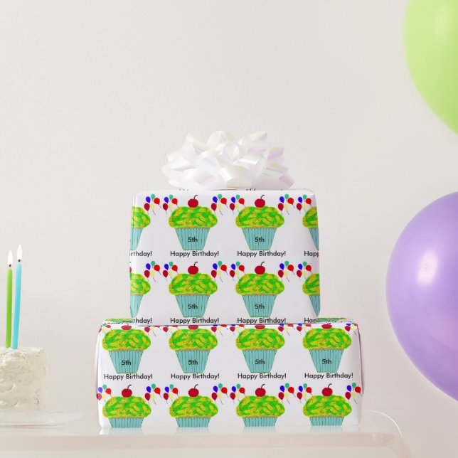 Papel De Presente Balões de Aniversário Amarelo Verde Cupcake (Presentes para festas)