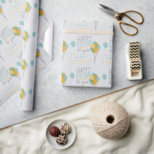 Papel De Presente Balões de Aniversário Cinza Amarelo Verde Azul Fel