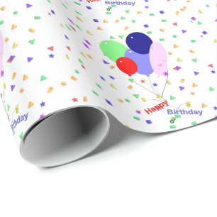 Papel De Presente Balões de Aniversário Coloridos e Confetti