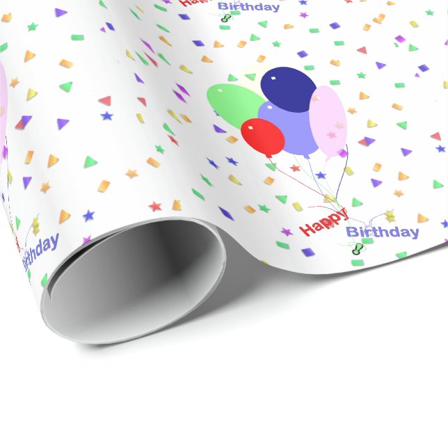 Papel De Presente Balões de Aniversário Coloridos e Confetti (Ponta do rolo)