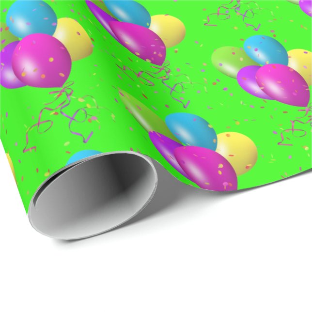 Papel De Presente Balões de aniversário com confete verde (Ponta do rolo)