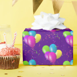 Papel De Presente Balões de Aniversário com confetes em roxo