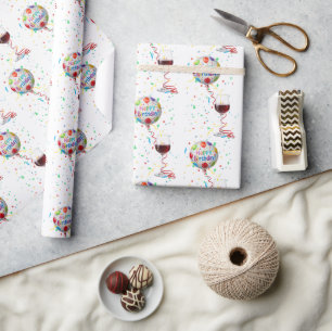 Papel De Presente Balões de Aniversário Com Vinho Tinto
