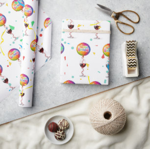 Papel De Presente Balões de Aniversário Com Vinho Tinto
