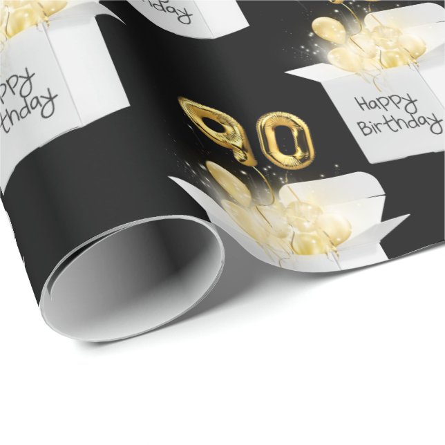 Papel De Presente Balões de aniversário de 90 Dourado na caixa (Ponta do rolo)