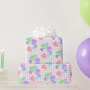 Papel De Presente Balões De Aniversário Em Gingham Rosa