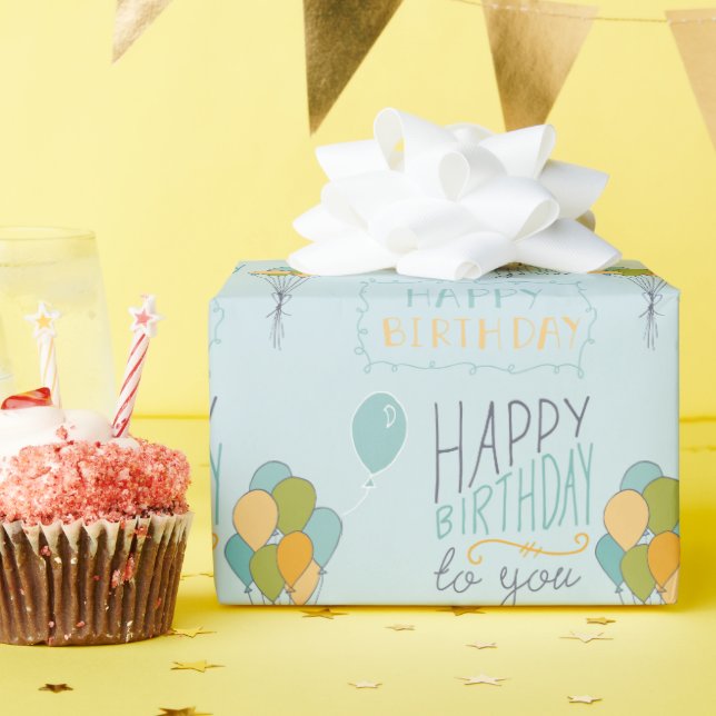 Papel De Presente Balões de Aniversário Feliz Azul Amarelo (Festa de aniversário)