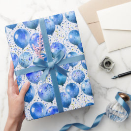 Papel De Presente Balões de Aquarela Azul e Confetes para Aniversári